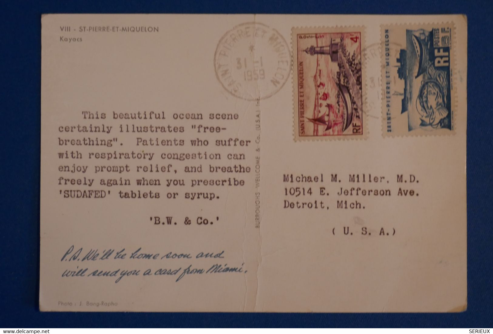 K27 ST PIERRE MIQUELON BELLE CARTE KAYAKS 1959 POUR DETROIT USA+ AFFRANCHISSEMENT PLAISANT - Lettres & Documents