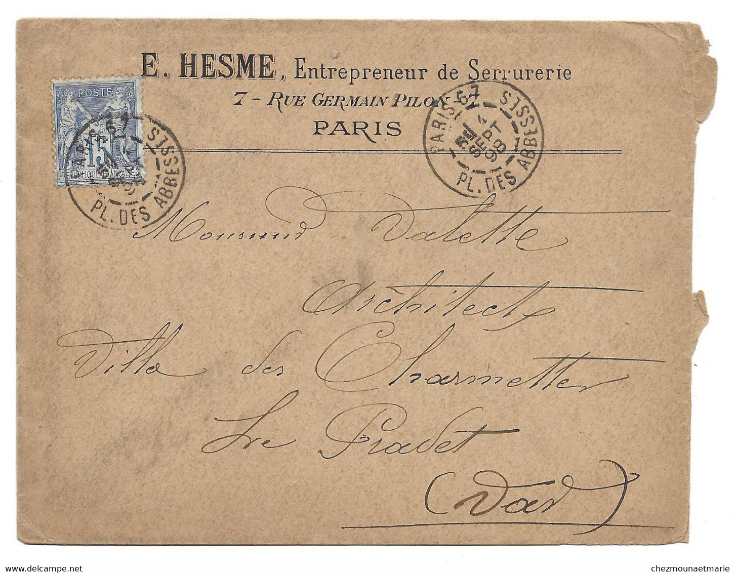 1898 PARIS PLACE DES ABBESSES - E. HESME SERRURIER RUE PILON POUR VALETTE VILLA DES CHARMETTES AU PRADET - ENV + SAGE - 1876-1898 Sage (Tipo II)