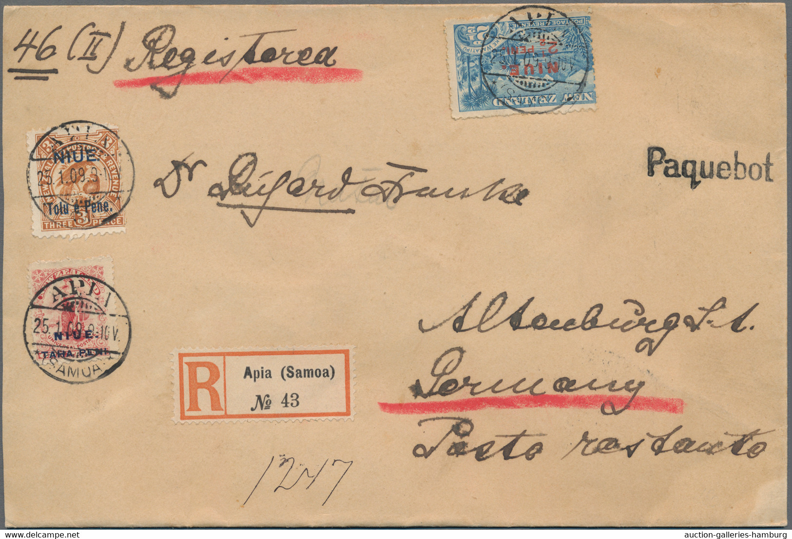 Deutsche Kolonien - Samoa - Stempel: Paquebot, 1909, Niue Drei Werte Mit Stempel "APIA 25.1.09" Mit - Samoa