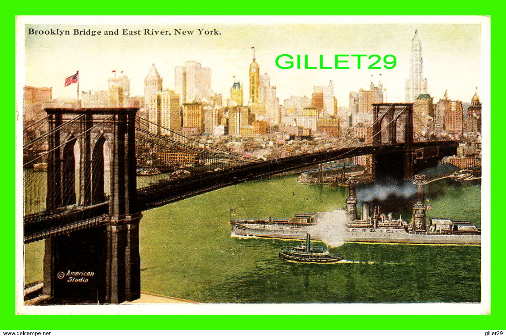 NEW YORK CITY, NY BROOKLYN BRIDGE AND EAST RIVER - WAR SHIP - TRAVEL - AMERICAN STUDIO - - Ponts & Tunnels