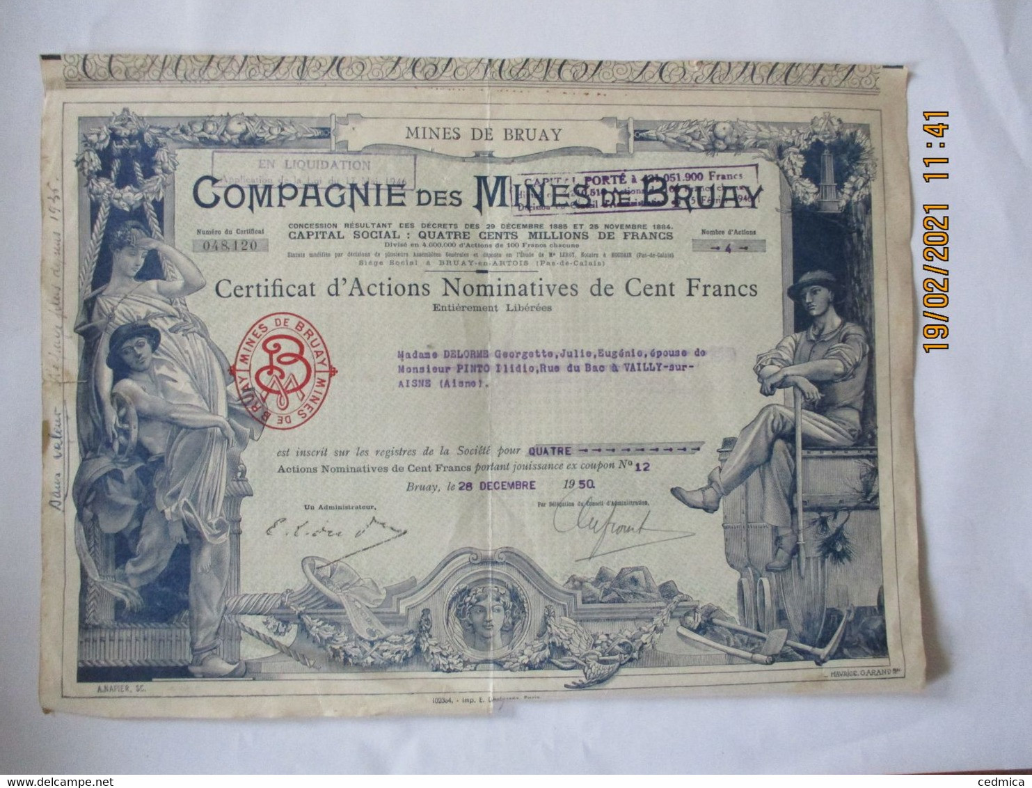 MINES DE BRUAY COMPAGNIE DES MINES DE BRUAY CERTIFICAT D'ACTIONS NOMINATIVES DE CENT FRANCS BRUAY LE 28 DECEMBRE 1950 - Ohne Zuordnung