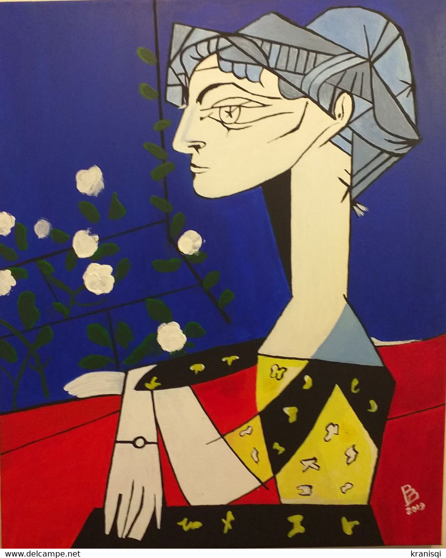 Tableau , Madame  Z Dit Jaqueline Aux Fleurs De Picasso - Acrilicos