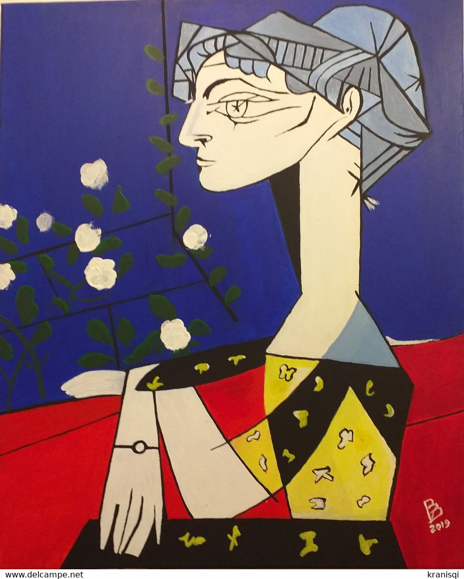 Tableau , Madame  Z Dit Jaqueline Aux Fleurs De Picasso - Acrylic Resins