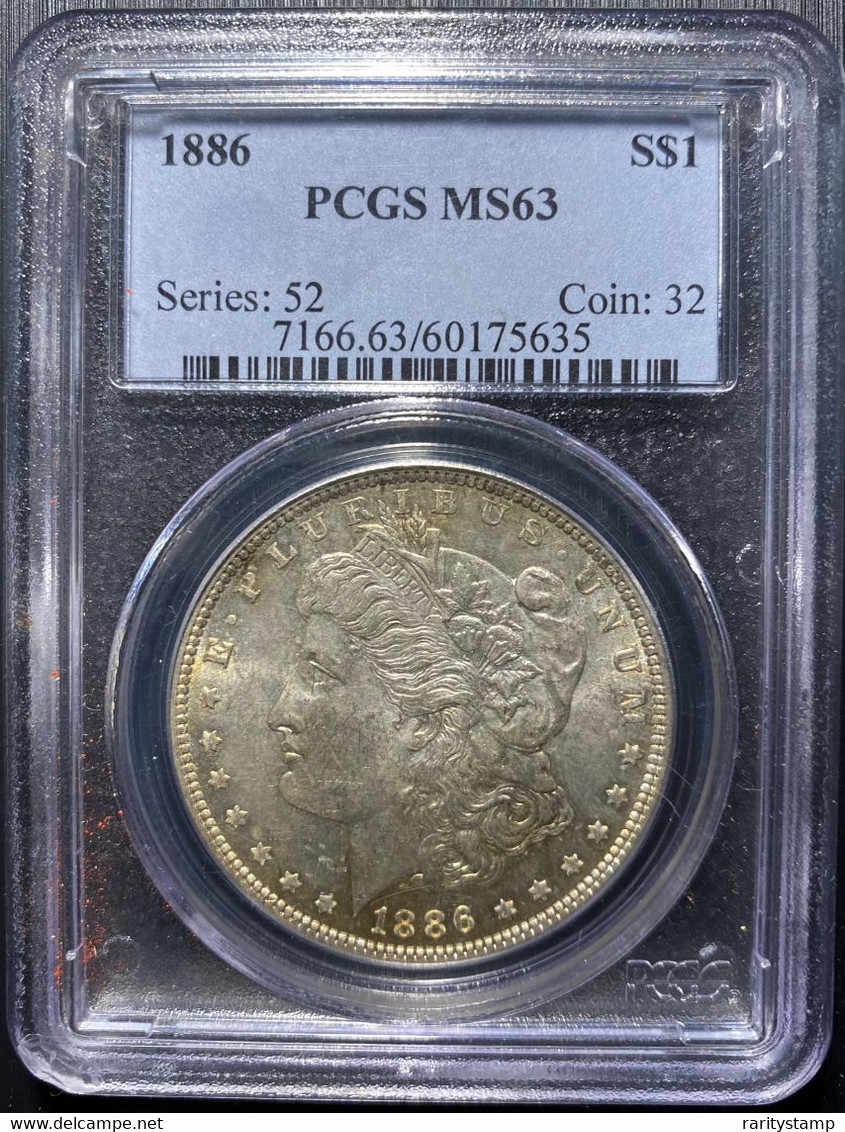 STATI UNITI 1886  1$  MORGAN SILVER  DOLLAR COIN 1 OZ. 1 ONCIA PCGS MS63  S.52 COIN 32 - 1878-1921: Morgan