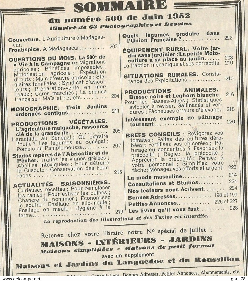 VIE à La CAMPAGNE N° 500 Juin 1952 L'agriculture à Madagascar - Tuinieren