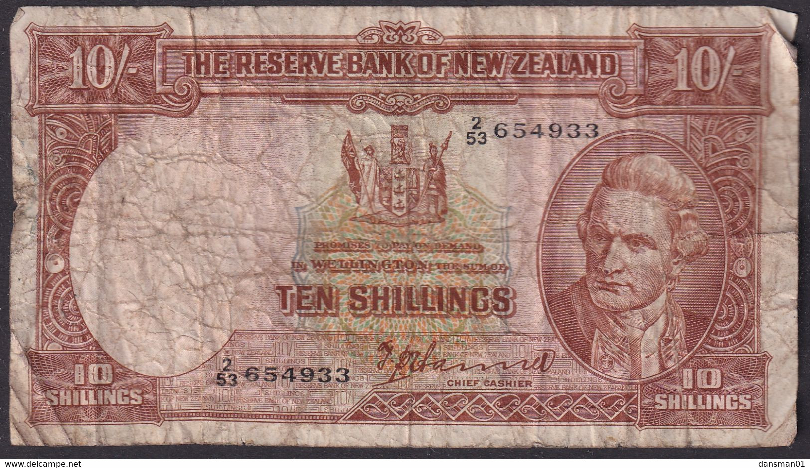 New Zealand ND (1940-67) 10/- Banknote 2/53 654933 Well Worn Sign P. Hanna - Neuseeland