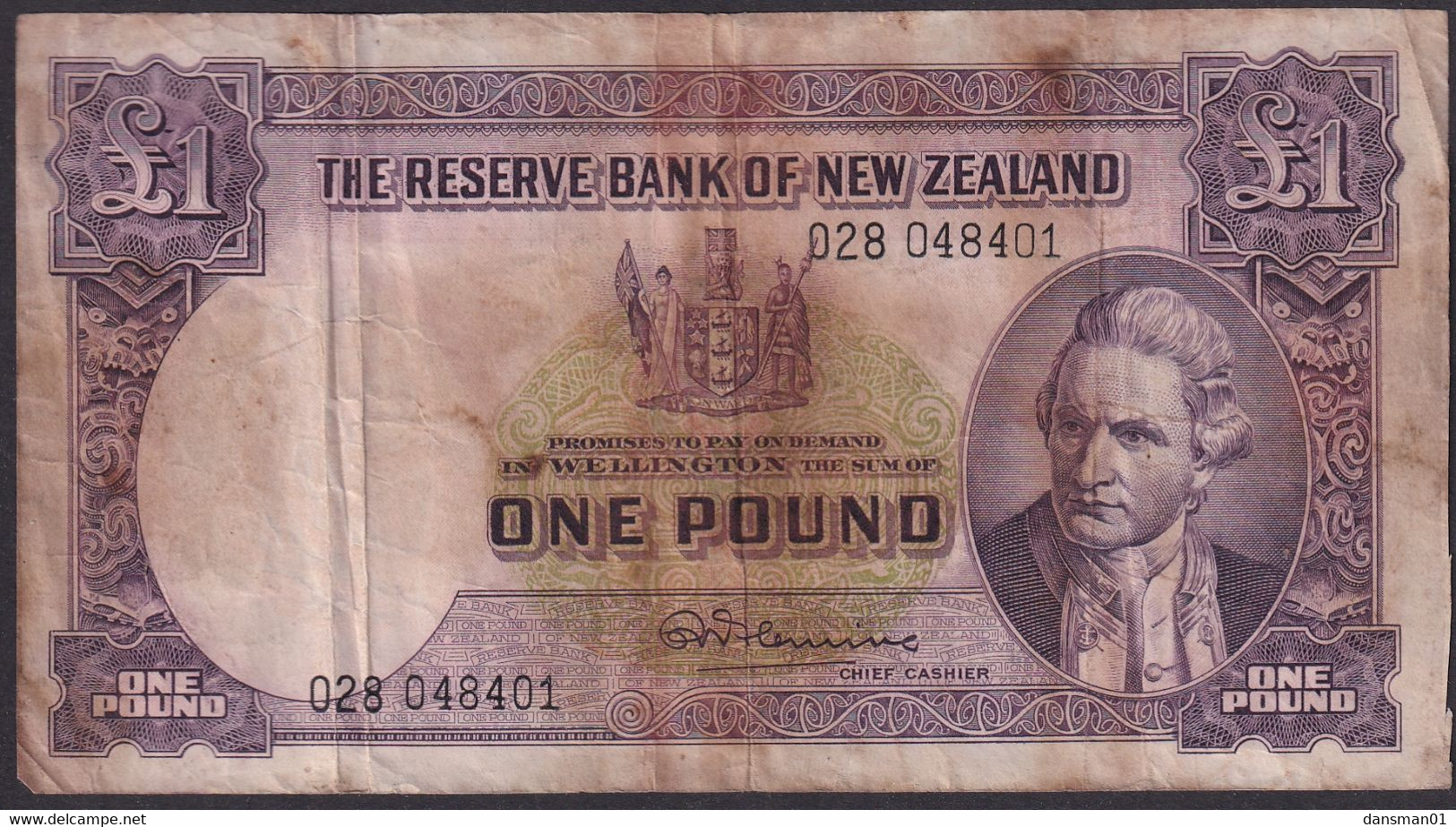 New Zealand ND (1940-67) 1 Pound Banknote 028 048401 Well Worn/stained Sign T P. Hanna - Nueva Zelandía