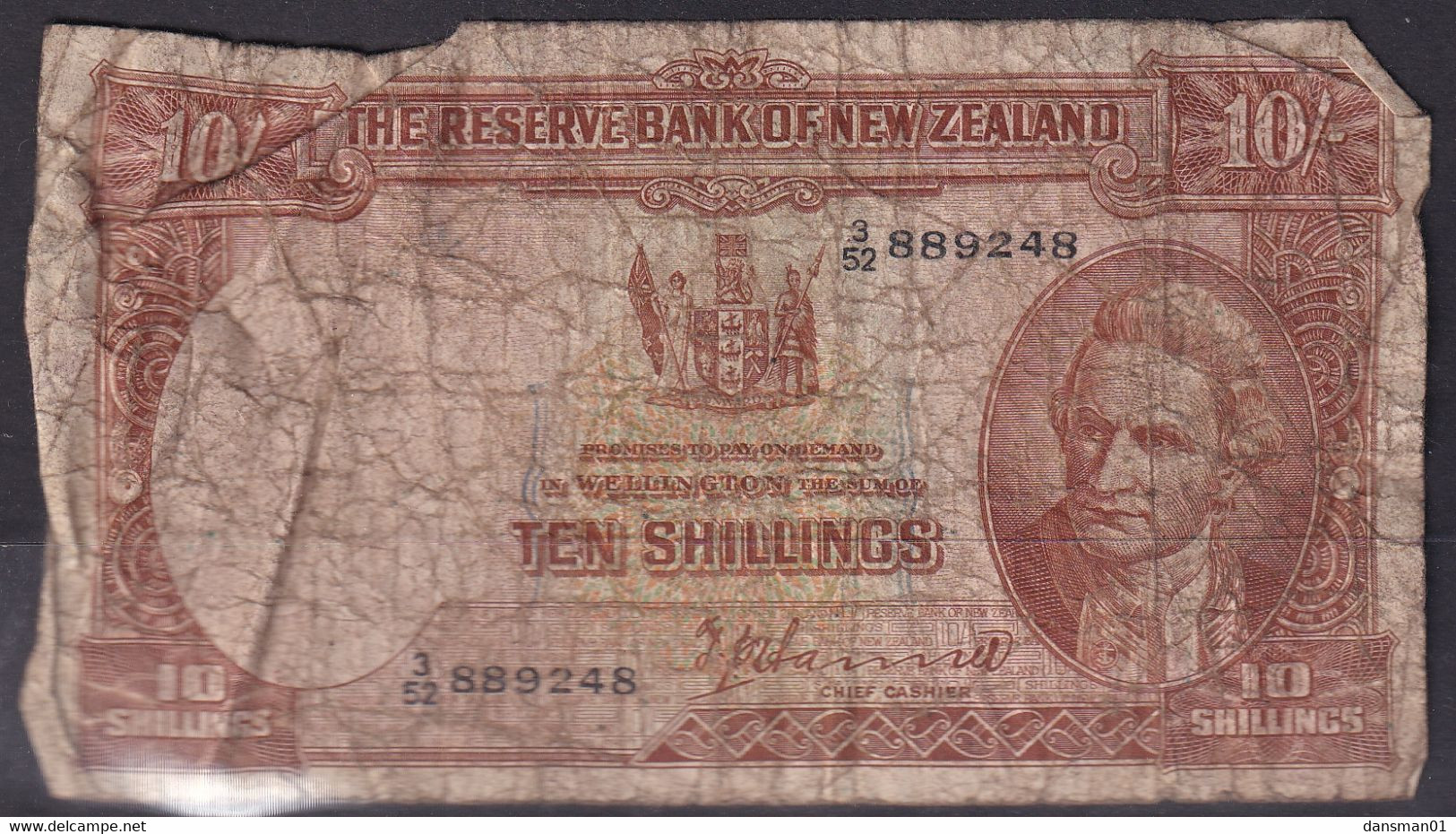 New Zealand ND (1940-67) 10/- Banknote 3/52 889248 Well Worn Sign P. Hanna - Neuseeland