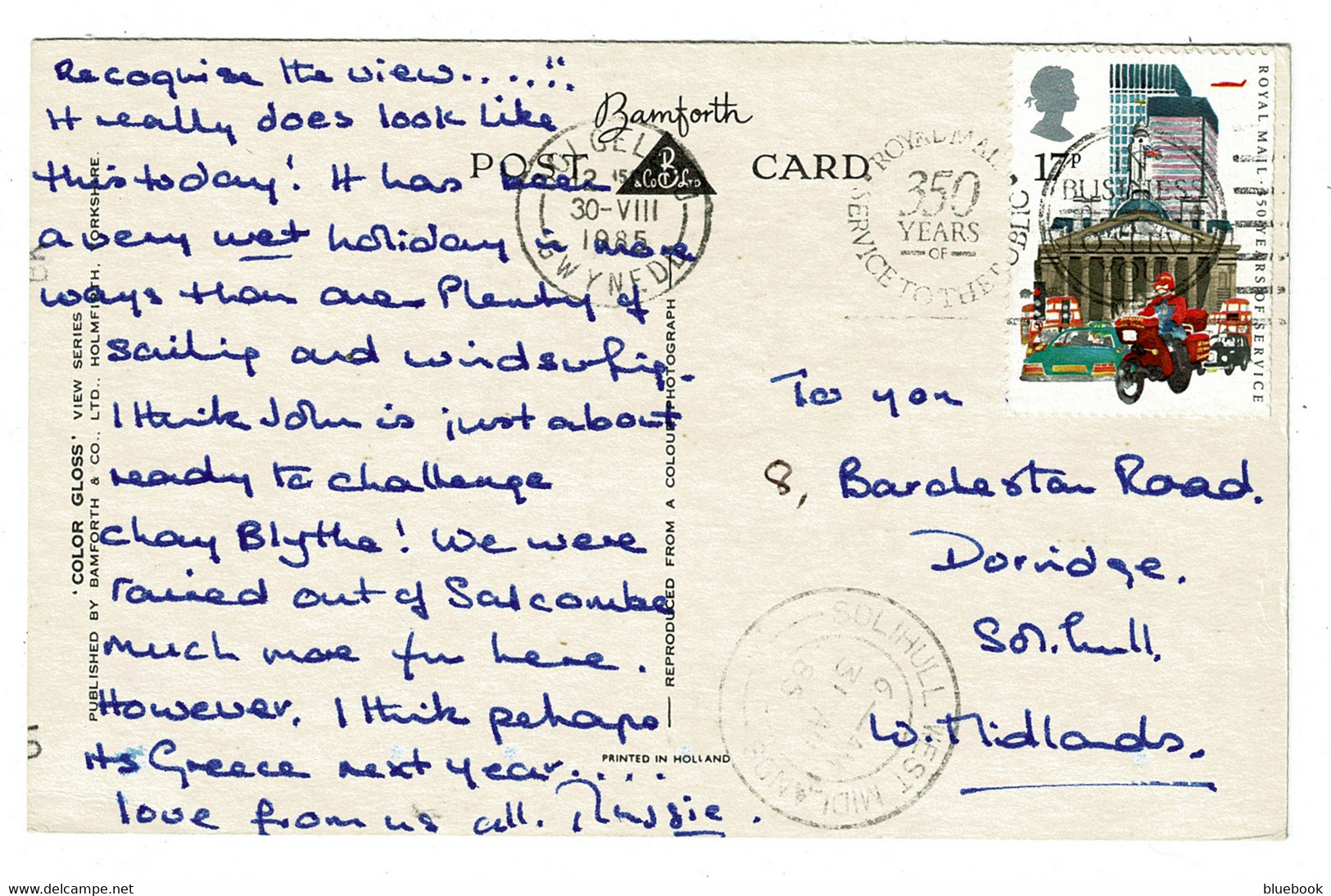 Ref 1470 - 1985 Bamforth Postcard - Bala Lake Merionethshire Wales - Solihull Arrival Postmark - Merionethshire