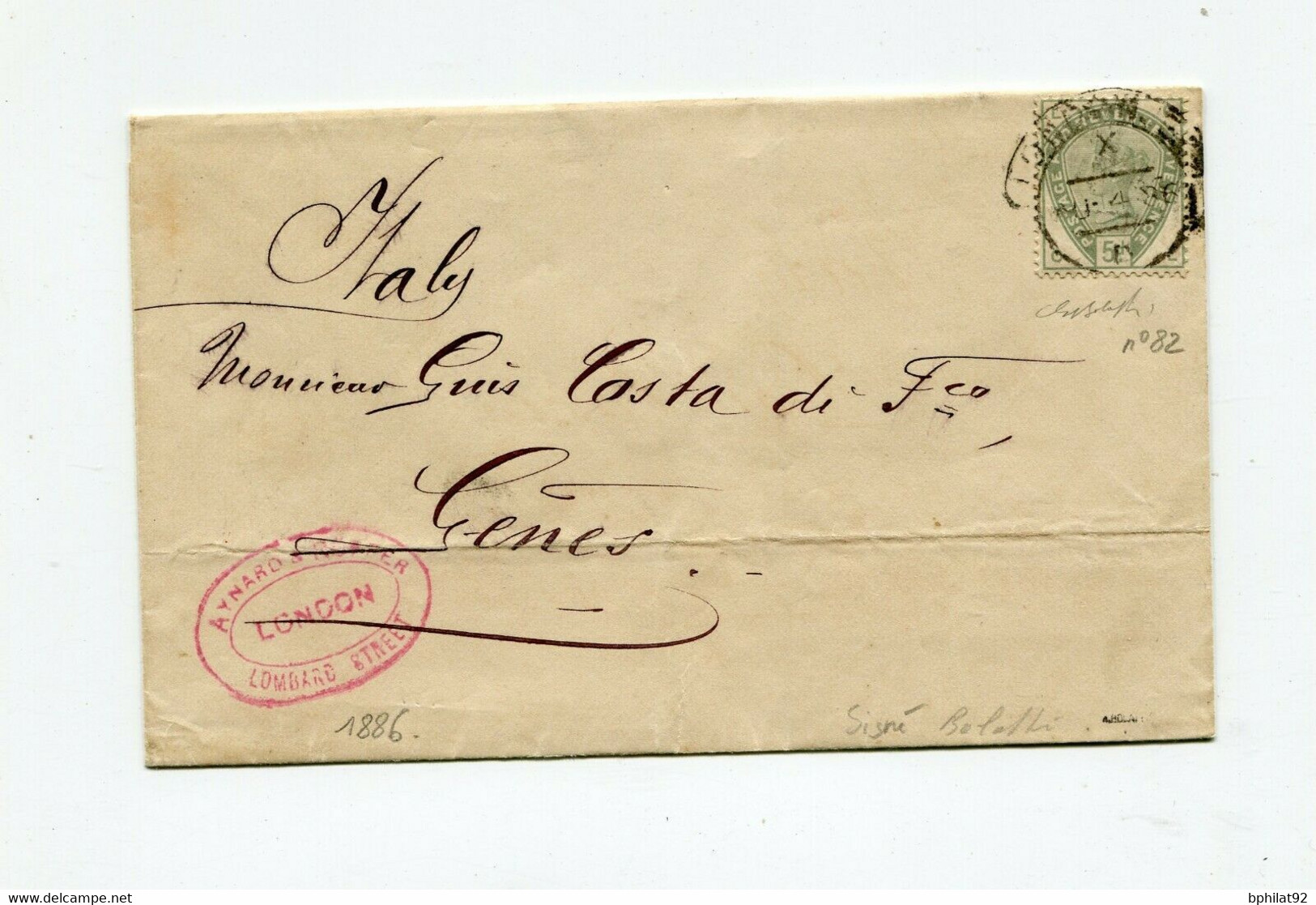 !!! PRIX FIXE : GRANDE BRETAGNE, LETTRE DE LONDRES POUR GENES DE 1886 AFFRANCH N°82. SIGNEE BOLAFFI - Covers & Documents