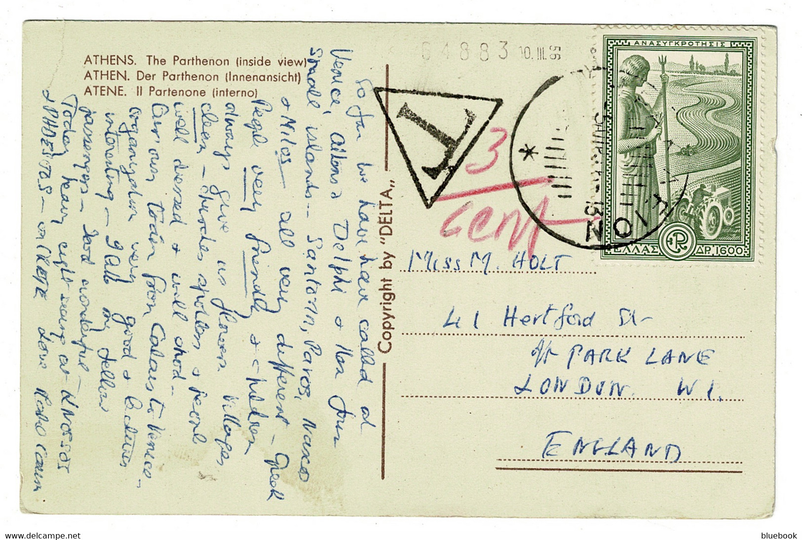 Ref  1472  -  Greece Postage Due Postcard - Large Triangle T Postmark - Briefe U. Dokumente