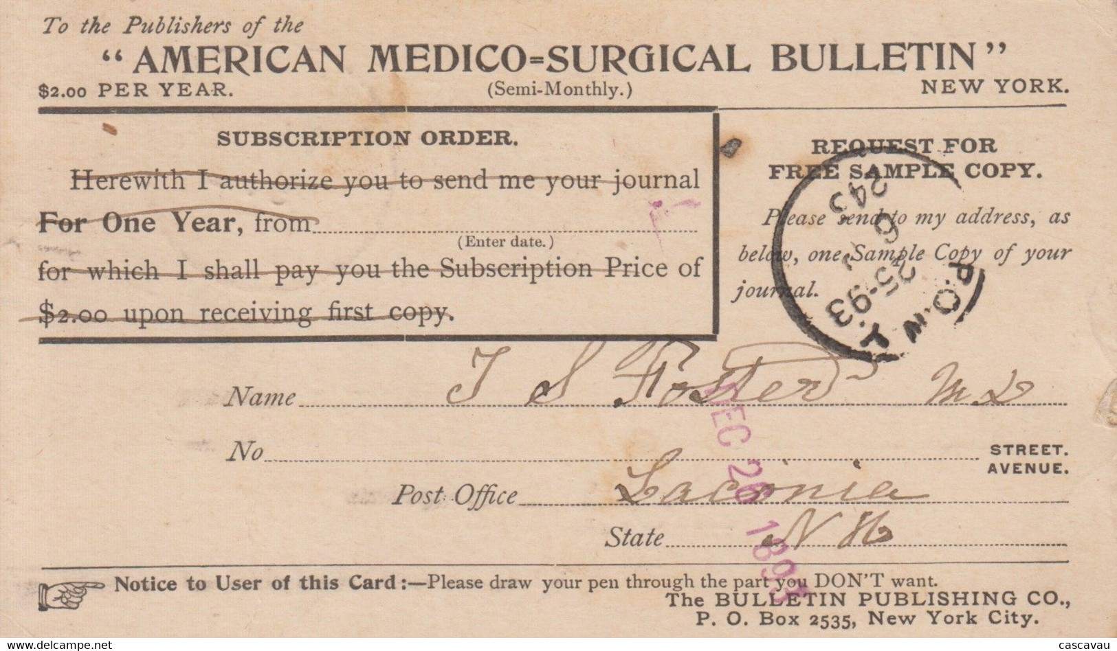 Carte  Entier  Postal  Repiqué   U.S.A    LACONIA    1893 - ...-1900