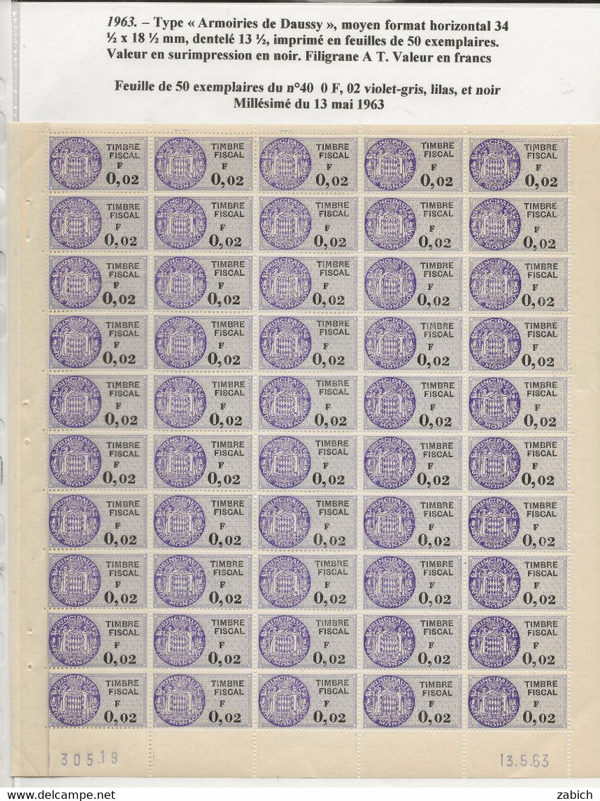 FISCAUX DE MONACO SERIE UNIFIEE  Feuille De 50 Timbres (**) Du N°40 0F02 Millésimé 13 5 63 - Fiscale Zegels