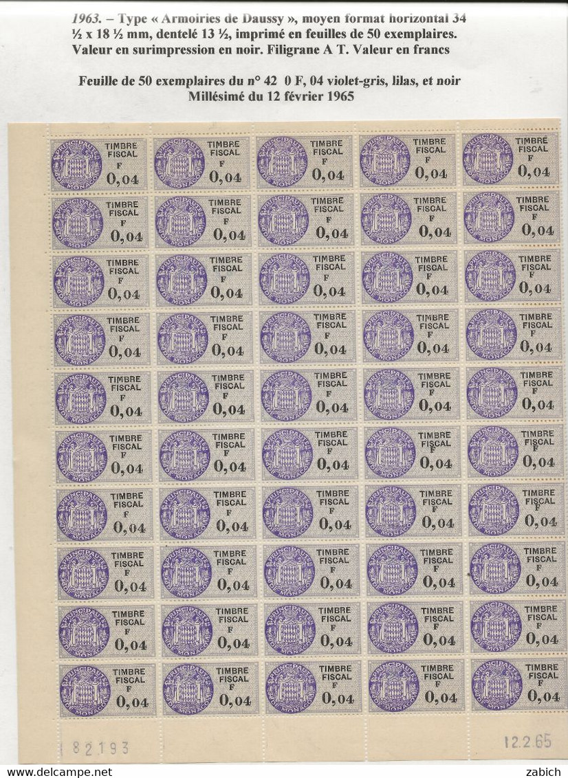 FISCAUX DE MONACO SERIE UNIFIEE  Feuille De 50 Timbres (**) Du N°42 0F04 Millésimé 12 2 65 - Fiscale Zegels