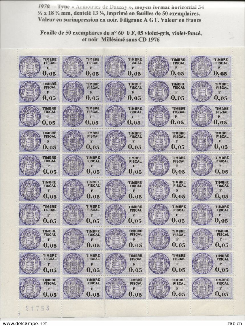 FISCAUX DE MONACO SERIE UNIFIEE  Feuille De 50 Timbres (**) Du N°60 0F05  1976 Sans Coin Daté - Fiscaux