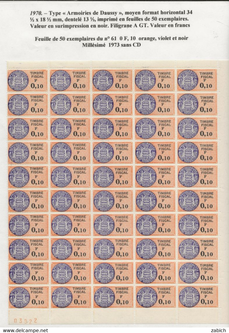 FISCAUX DE MONACO SERIE UNIFIEE  Feuille De 50 Timbres (**) Du N°61  0F10  1973 Sans Coin Daté COTE 250€ - Fiscaux