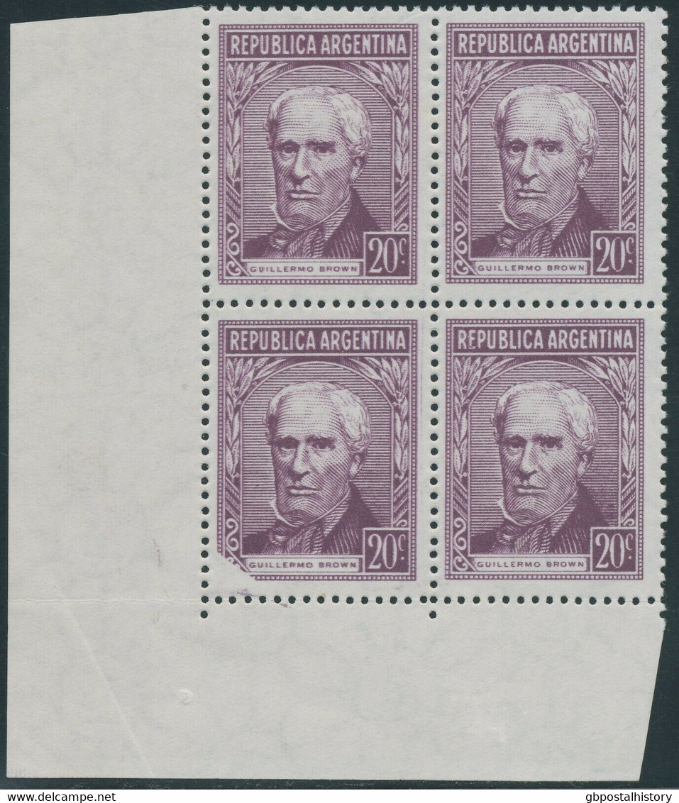 ARGENTINIEN 1956 Guillermo Brown Admiral 20C Braunviolett, Postfr. 4-erBl. ABART - Used Stamps