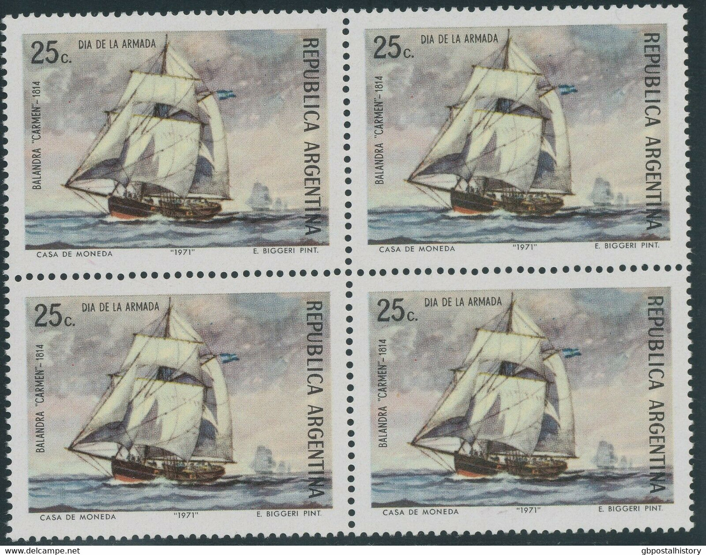 ARGENTINIEN 1971 Tag Der Marine 25C Segelschiff Carmen Postfr. Kab.-Viererblock ABARTEN - Ungebraucht