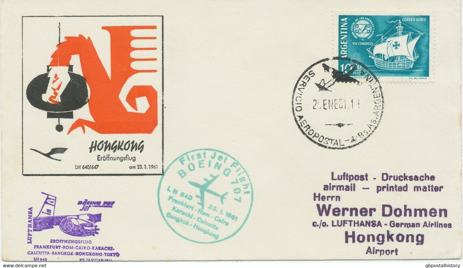 ARGENTINIEN 1961 Mitläuferpost M Dt Lufthansa Erstflug LH 640 FRANKFURT-HONGKONG Nur Wenige Bekannt, Geprüft Grabowski - Posta Aerea