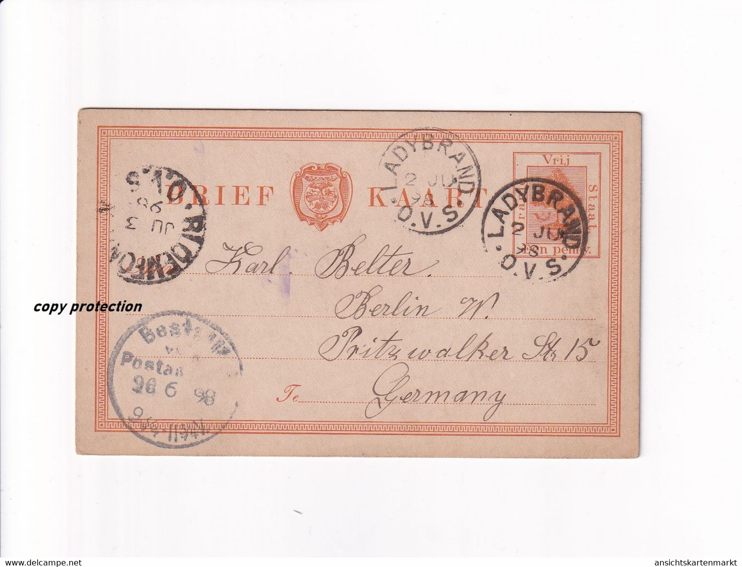 Brief Kaart Vrij Staat Oranje Een Penny, Ladybrand 1898, Vrijstaat Oranje, South Africa, Ca. 12 X 7,5 Cm - Altri - Africa