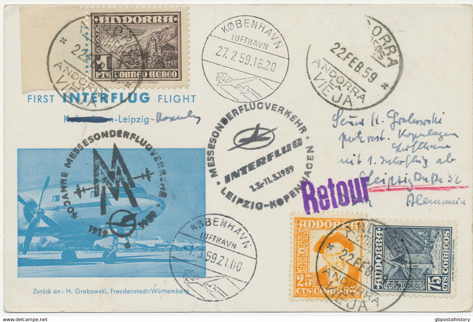 ANDORRA / DDR 1959 Extrem Selt. Mitläuferpost M INTERFLUG Messesonderflug KOPENHAGEN-LEIPZIG, Eventuell UNIKAT!! - Lettres & Documents