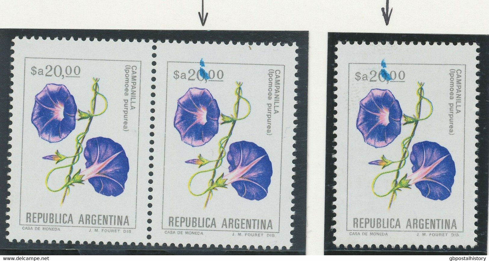 ARGENTINA 1985 20 Pa Flower Purple Winds U/M Pair + Single Both CONSTANT VARIETY - Unused Stamps