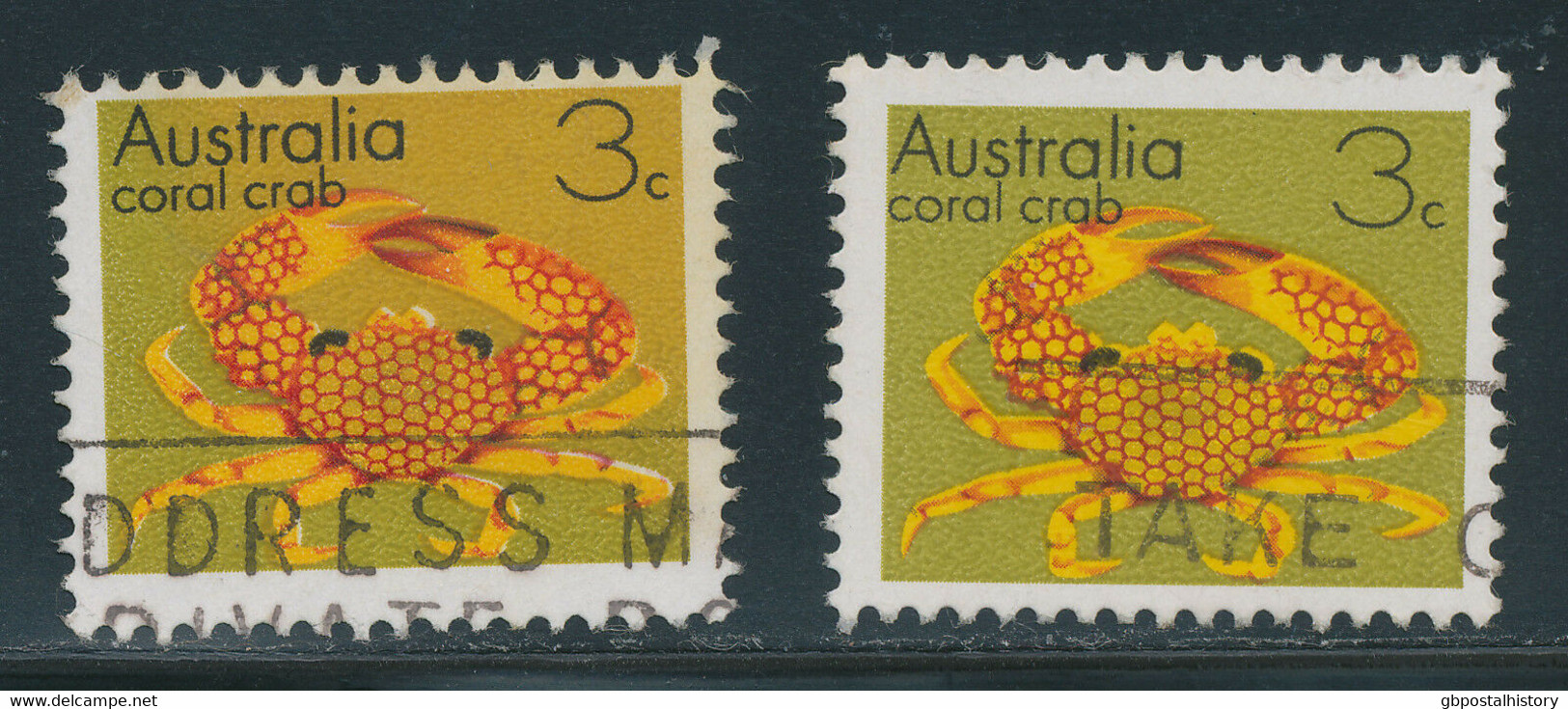 AUSTRALIA 1973 3 C. Coral Crab VFU ERROR/VARIETY: BACKGROUND OLIV BROWN - Abarten Und Kuriositäten