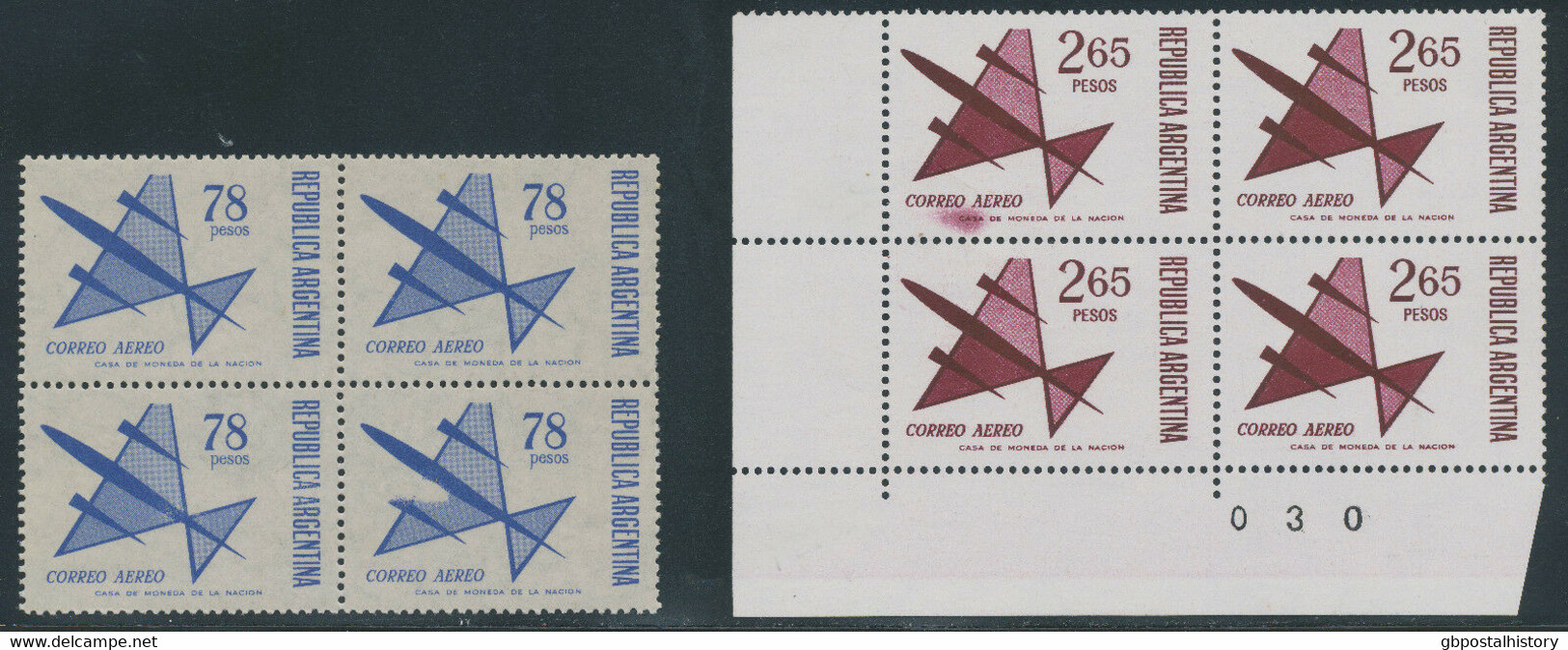 ARGENTINIEN 1967 78 P 1974 2.65 P Flp.-Ausgabe Postfrische Viererblöcke ABARTEN - Aéreo