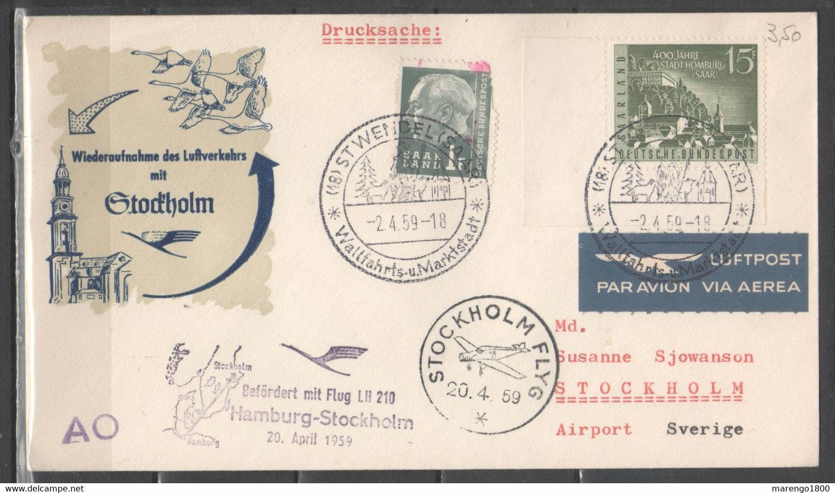 Sarre 1959 - Ripresa Dei Collegamenti Aerei Con Stoccolma             (g7348) - Luftpost