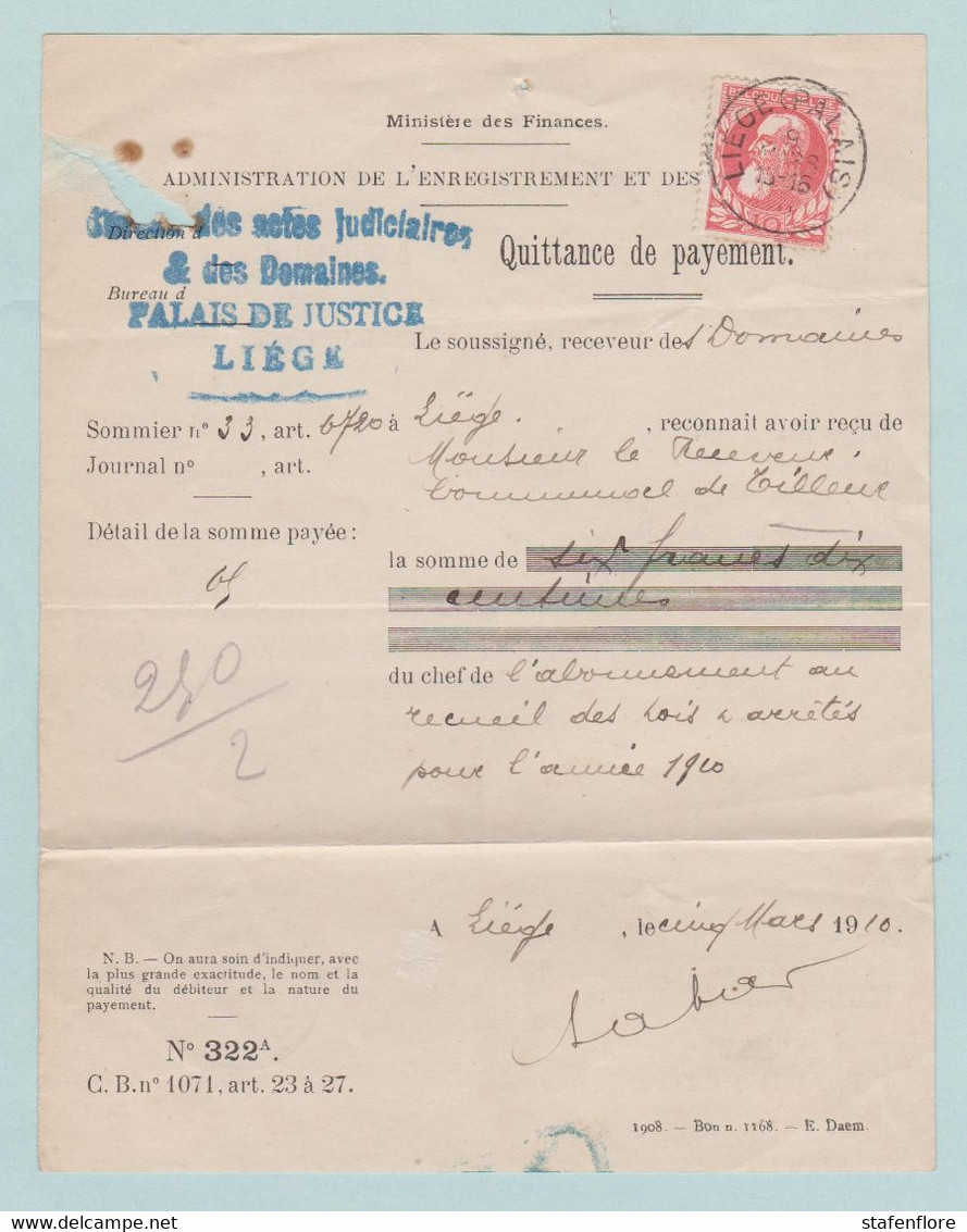 Koning Leopold I ,  Ministerie Van Financiën Te Luik, Liège , Ontvangstbewijs, Quittance De Payement In 1910 - Varianten & Curiosa