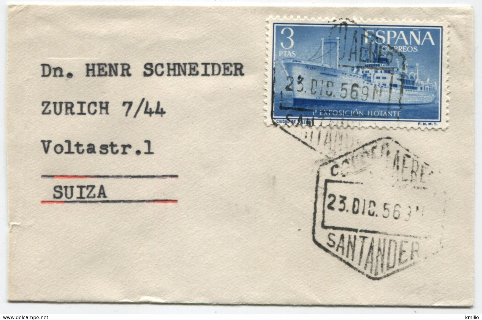 1956 Carta Formato Tarjeta De Visita Aérea De Santander A Zurich - Cartas & Documentos