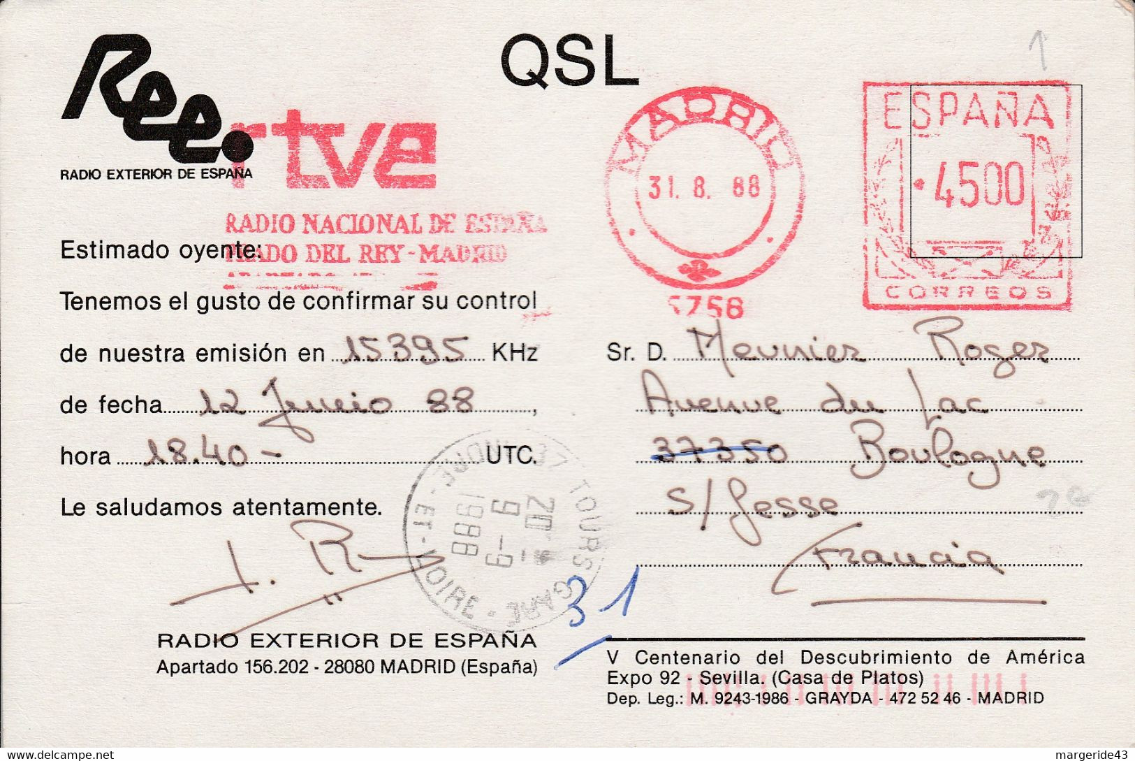 ESPAGNE QSL DE MADRID 1988 - Radio