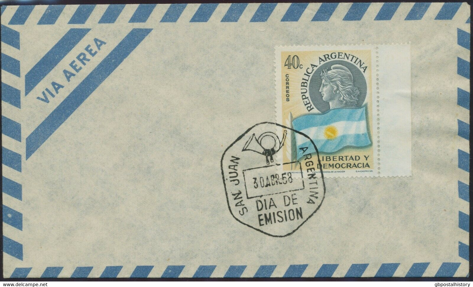 ARGENTINIEN 1958 40 C Freiheitskopf Und Landesflagge A. FDC ABART: Plattenfehler - FDC