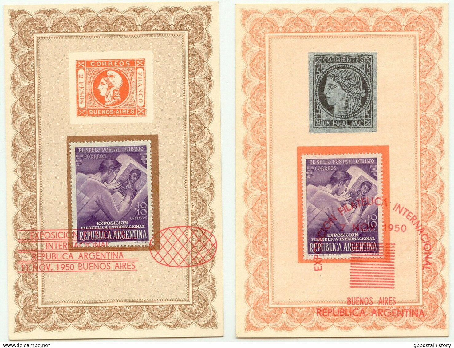 ARGENTINIEN 1950 Int. Briefmarkenausstellung, 9 Versch. Farbige AK's M. SST - Briefe U. Dokumente