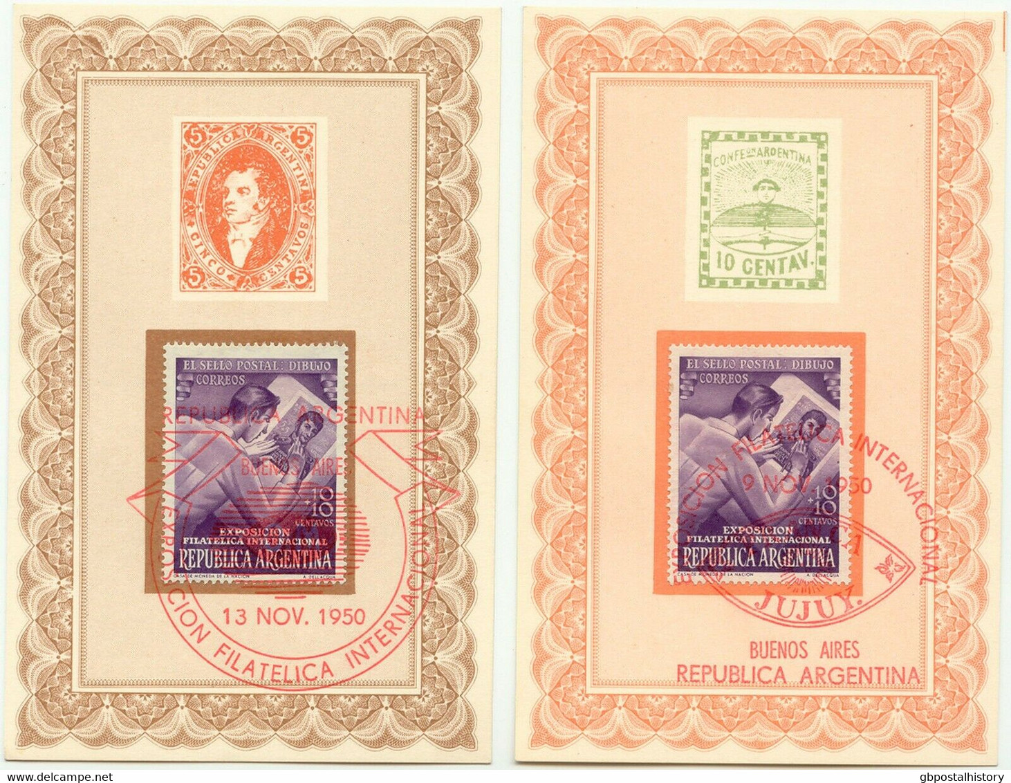 ARGENTINIEN 1950 Int. Briefmarkenausstellung, 9 Versch. Farbige AK's M. SST - Briefe U. Dokumente