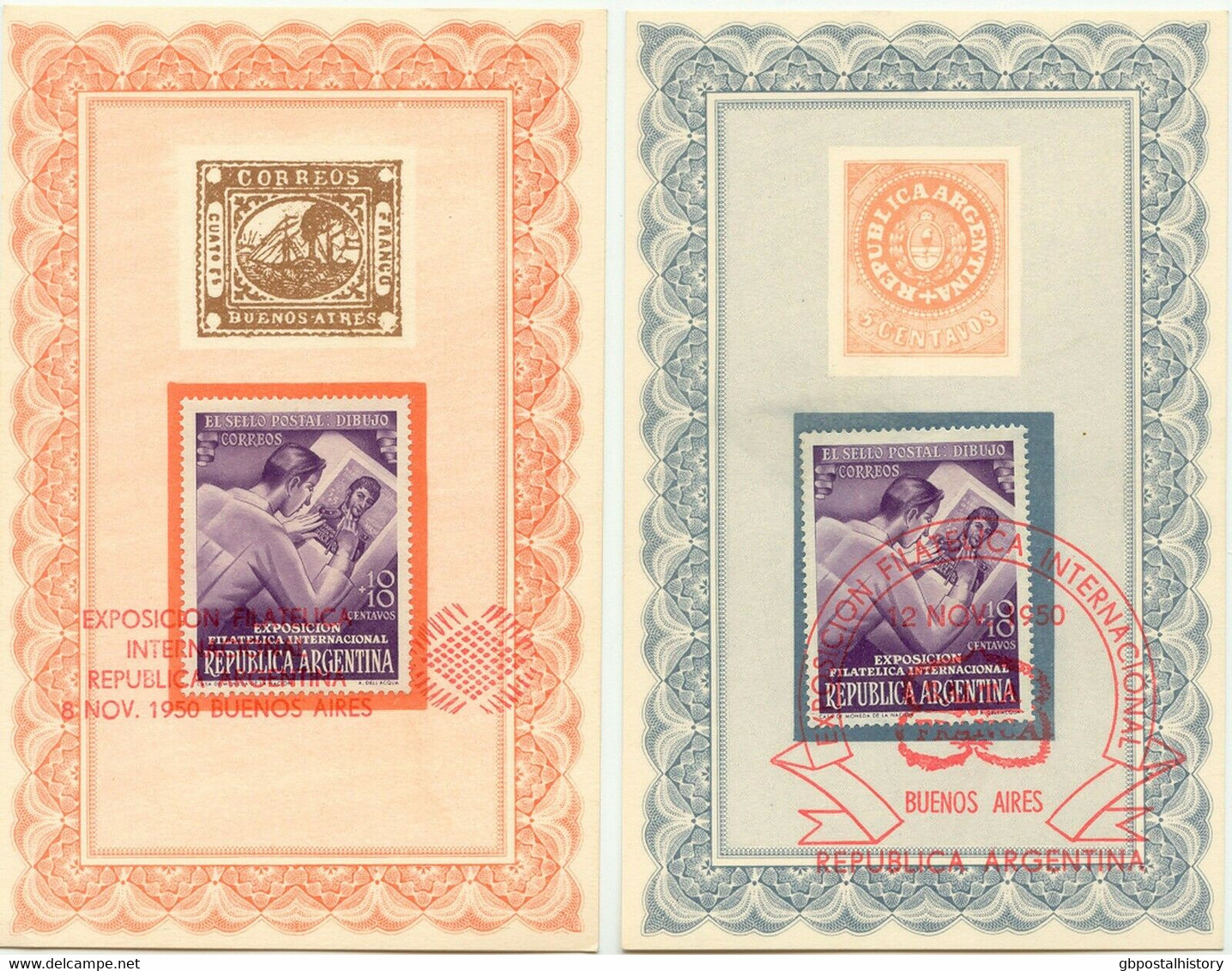 ARGENTINIEN 1950 Int. Briefmarkenausstellung, 9 Versch. Farbige AK's M. SST - Briefe U. Dokumente