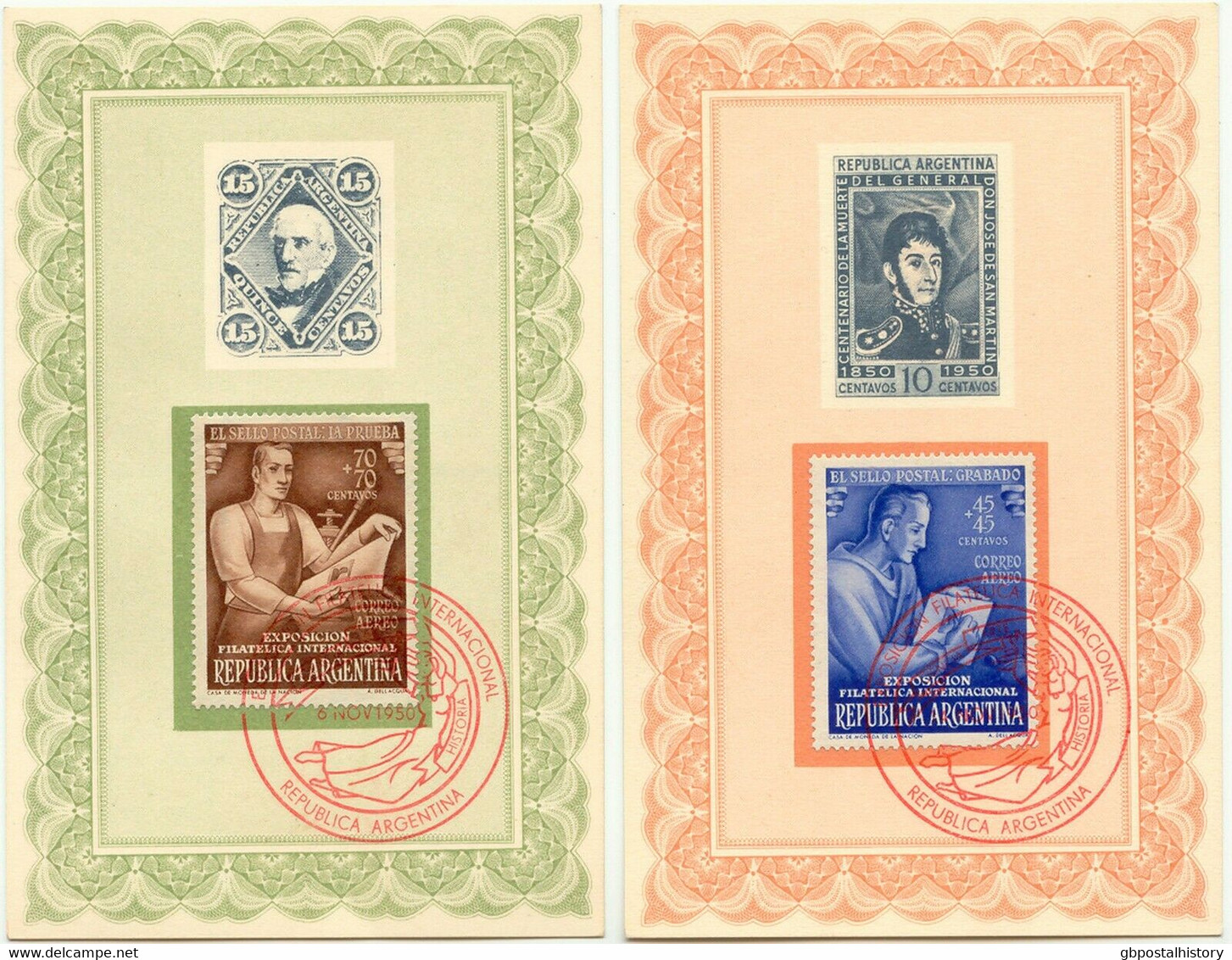 ARGENTINIEN 1950 Int. Briefmarkenausstellung, 9 Versch. Farbige AK's M. SST - Storia Postale