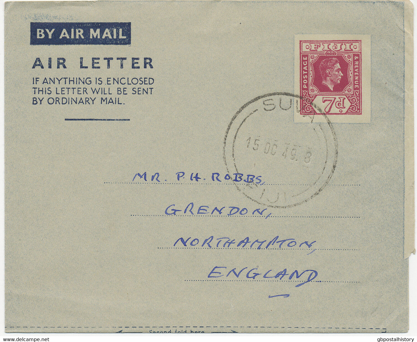 FIJI 15.10.1949, King George VI 7 D Superb Air Letter Postal Stationery With CDS SUVA To NORTHAMPTON, England - Fidji (1970-...)