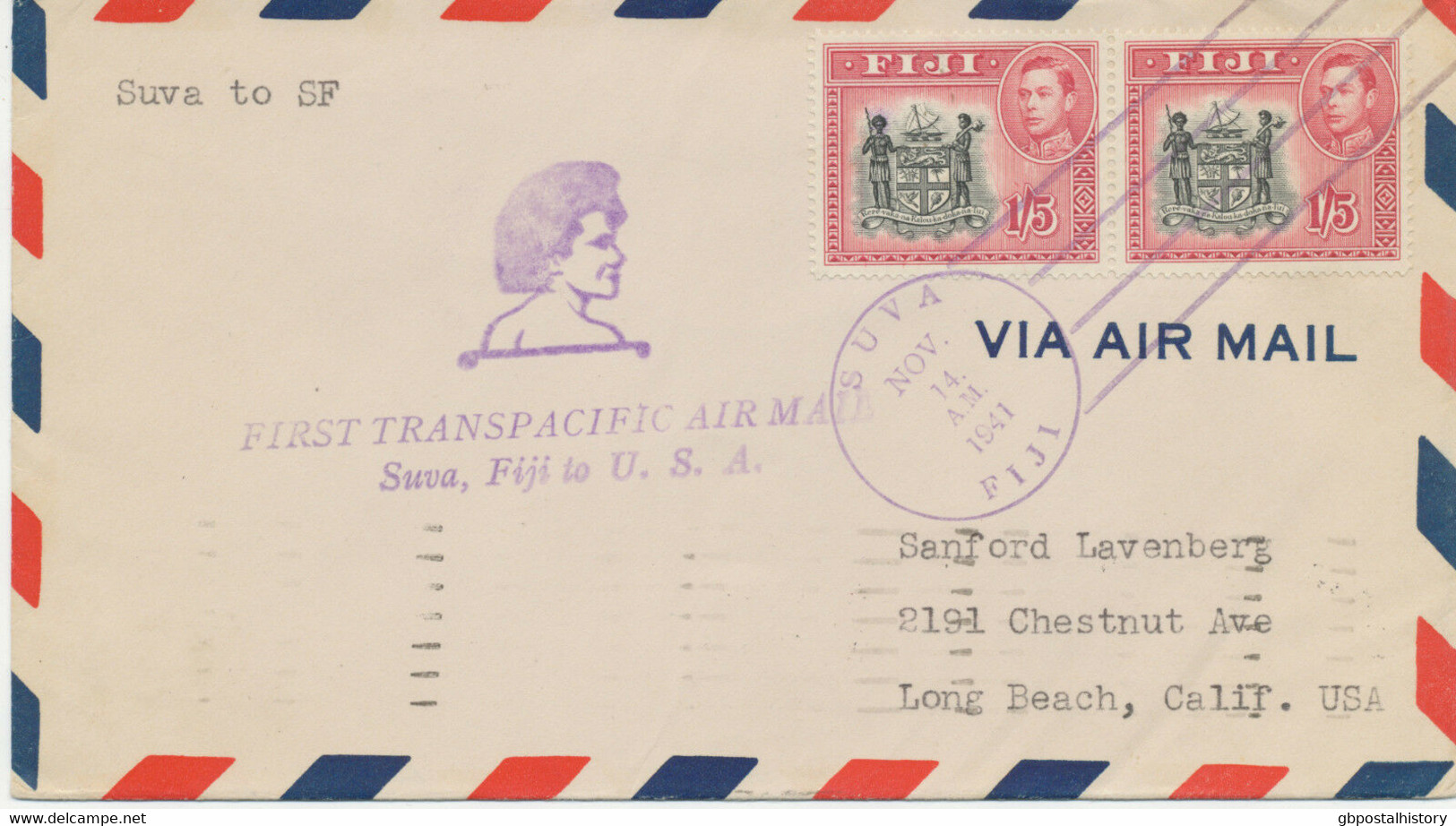 FIJI 1941 George VI 1Sh 5d (pair) Multiple Postage On Superb First Flight First Transpacific Air Mail SUVA, FIJI - U.S.A - Fidji (1970-...)