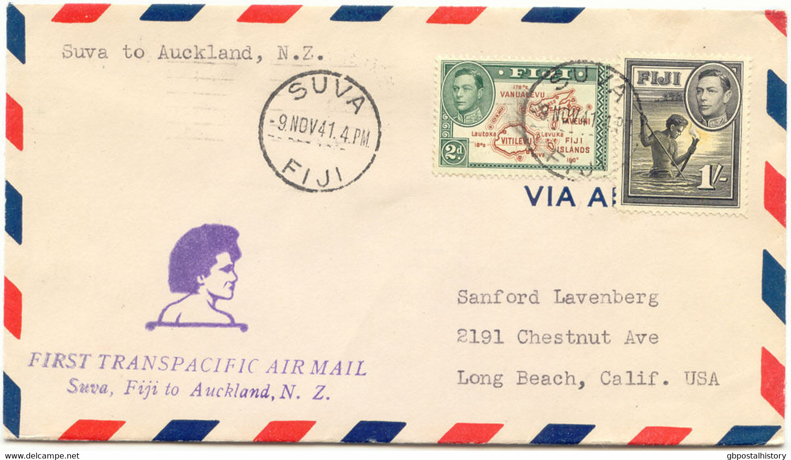 FIJI 1941 First Transpacific Airmail "Suva, Fiji-Auckland, N.Z." 2D Map II - Fidji (1970-...)