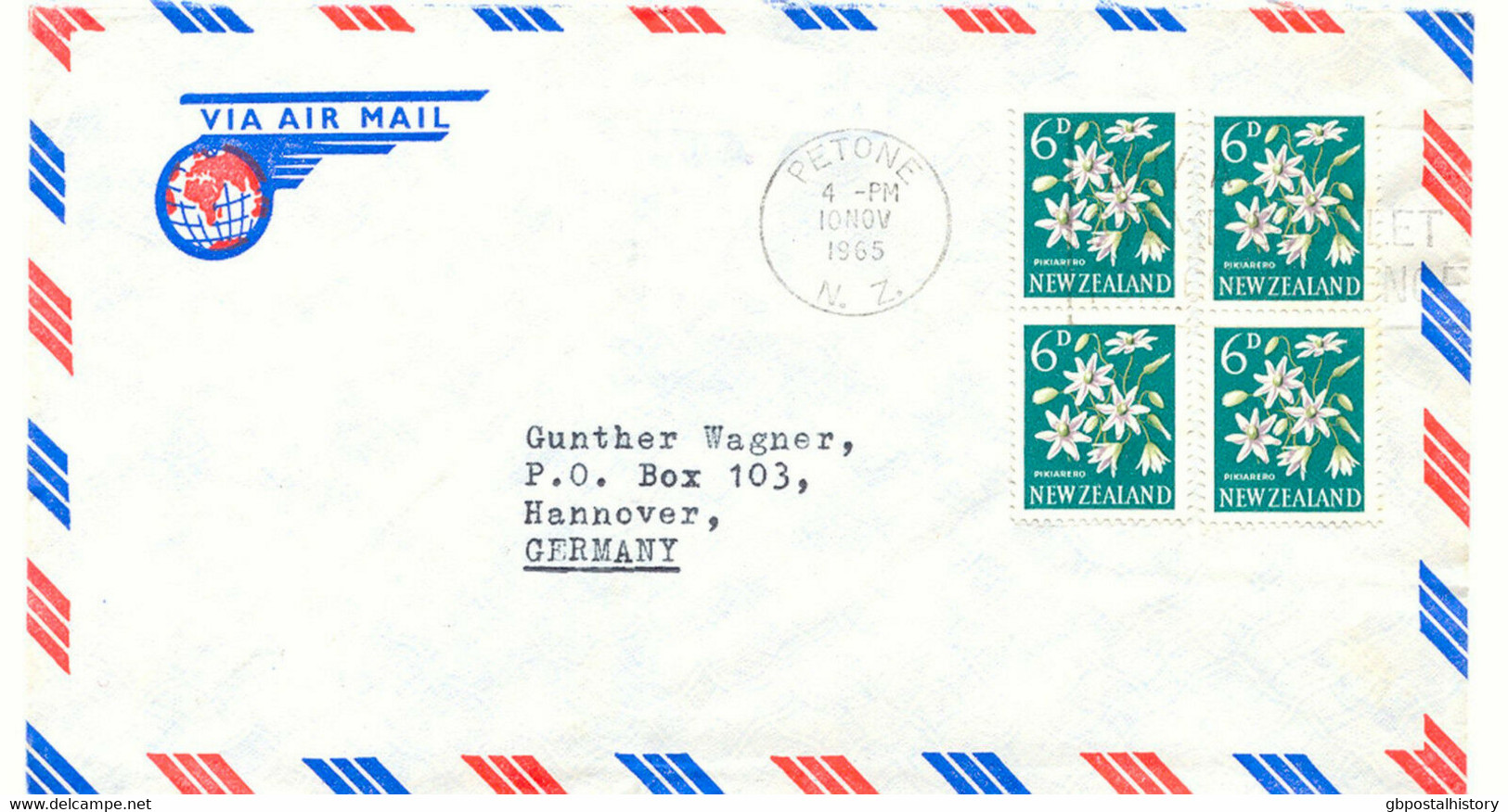 NEW ZEALAND 1965 Flowers Pikiarero 6D (4x) Rare Multiple Postage Airmail Cvr - Briefe U. Dokumente