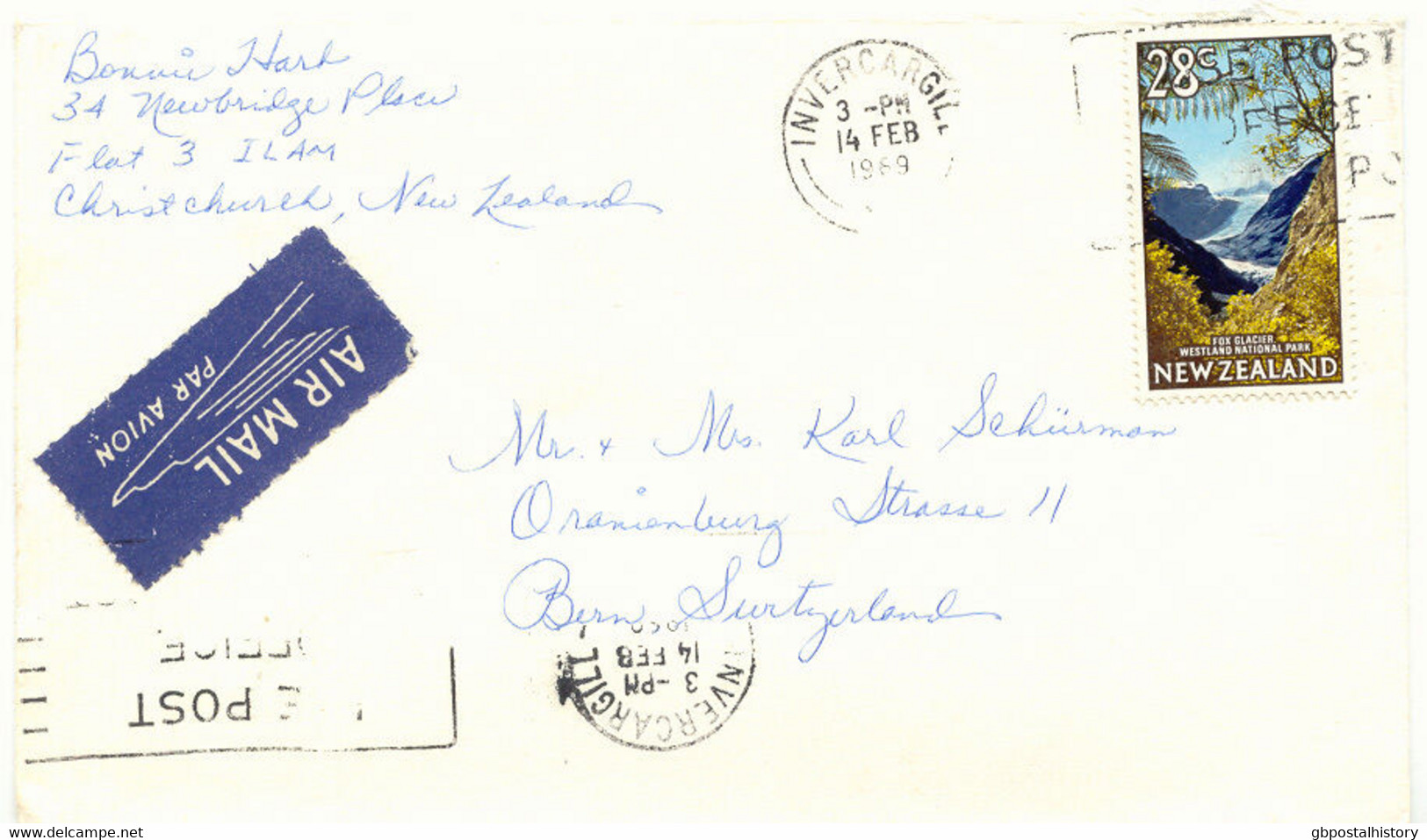 NEW ZEALAND 1969 28 C Fox Glacier Westland National Park Slogan SWITZERLAND - Lettres & Documents