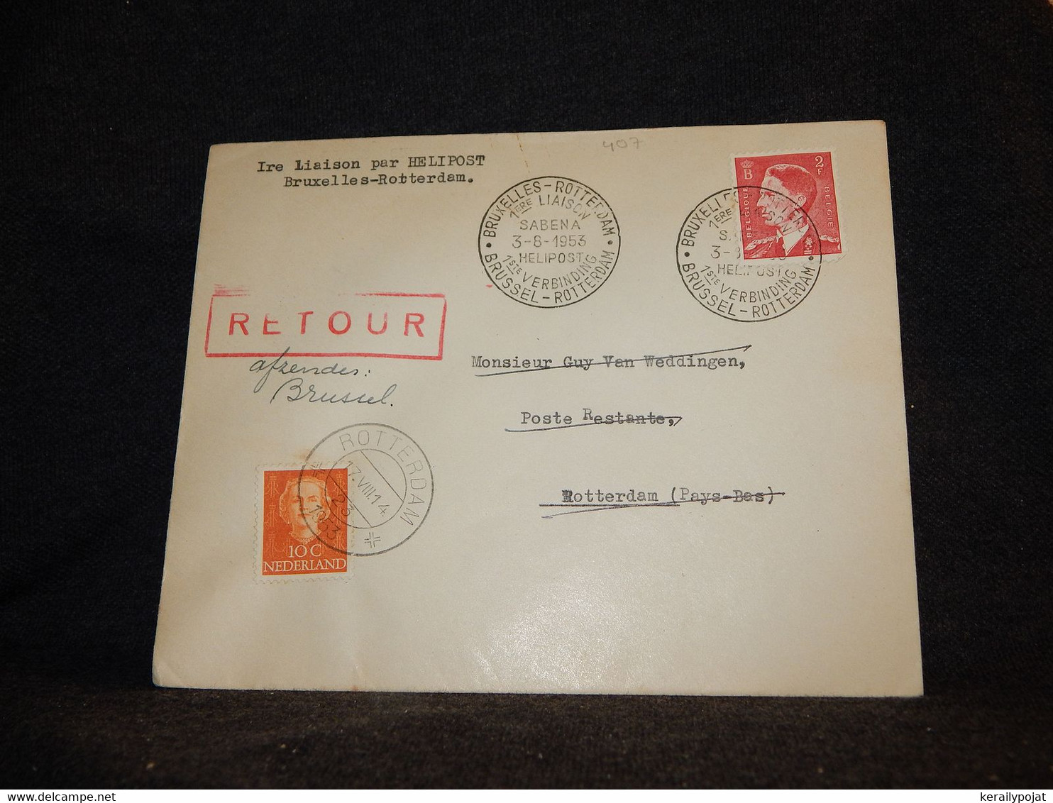 Belgium 1953 Bruxelles-Rotterdam Helipost Cover__(407) - Cartas & Documentos