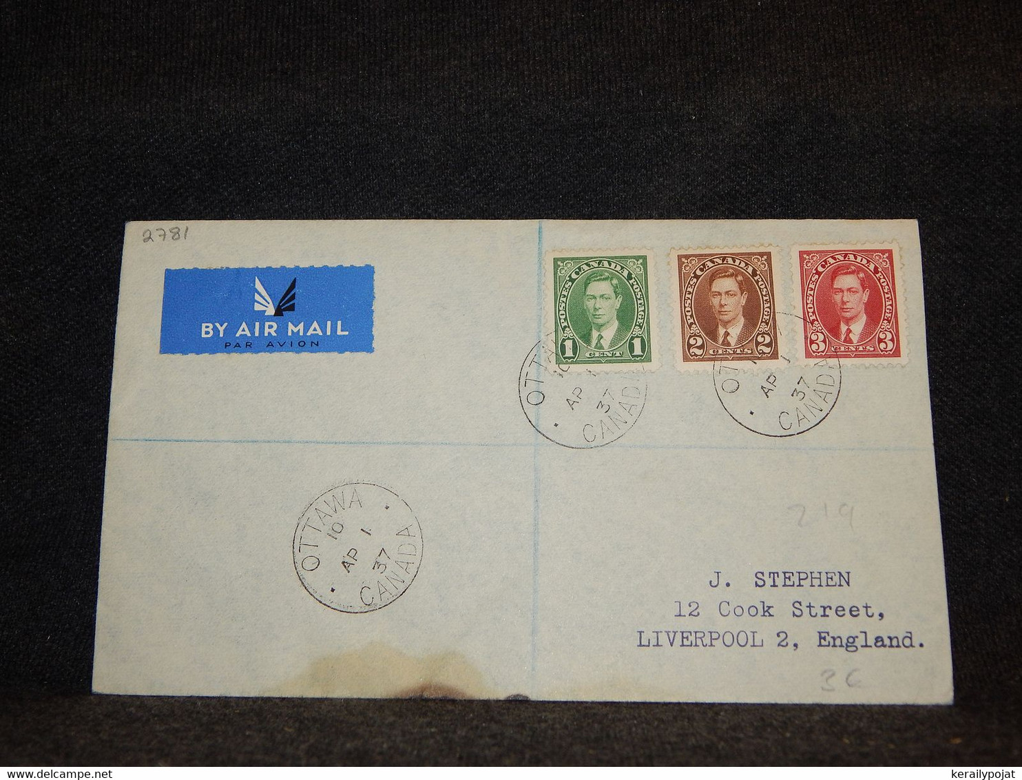 Canada 1937 Ottawa Air Mail Cover To UK__(2781) - Aéreo