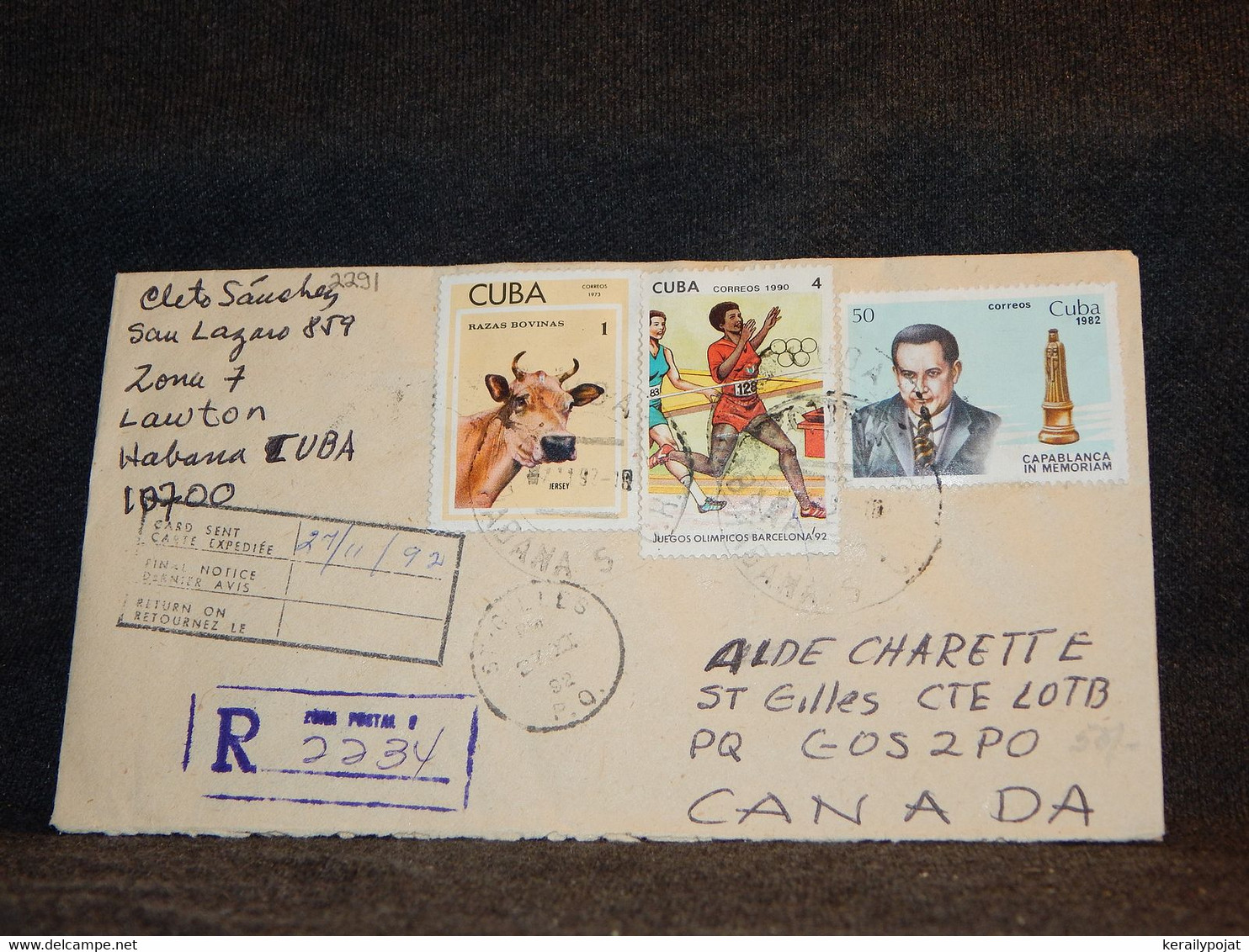Cuba 1992 Registered Cover To Canada__(2291) - Brieven En Documenten