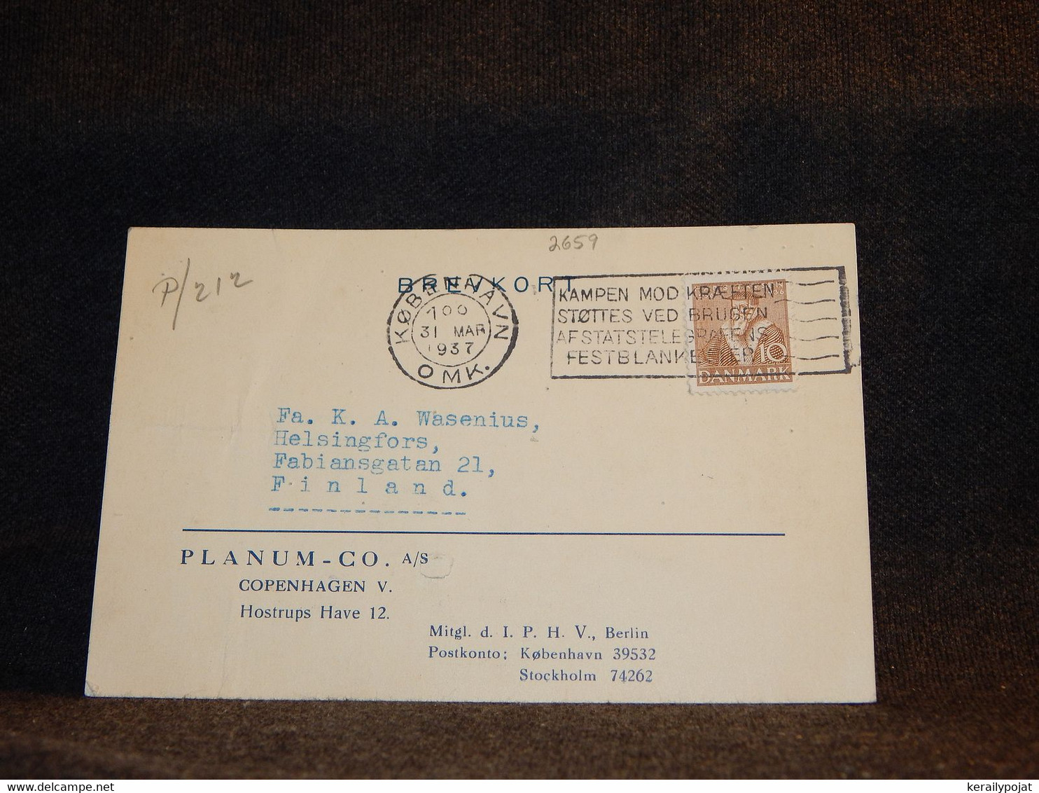 Denmark 1937 Köbenhavn Slogan Cancellation Card To Finland__(2659) - Briefe U. Dokumente