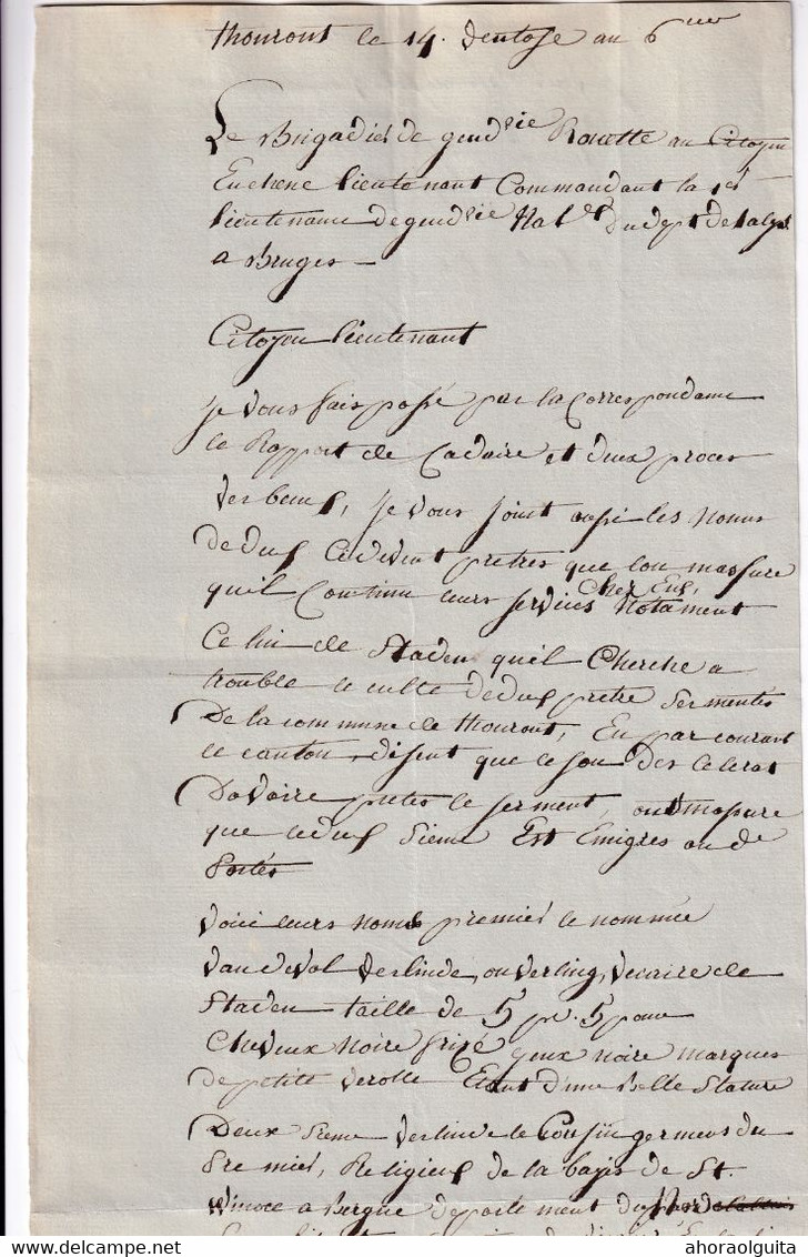 DDY 667 -- Collection THOUROUT - Document An 6 Manuscrit Du Brigadier De Gendarmerie Rouette - Pretres Qui Continuent .. - 1794-1814 (Période Française)