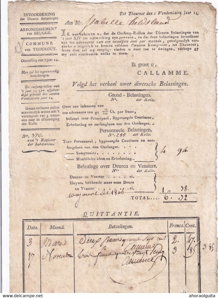 DDY 668 -- Collection THOUROUT - Document An 14 - Invordering Directe Belastingen , Ontvanger Callamme - 1794-1814 (Periodo Francese)