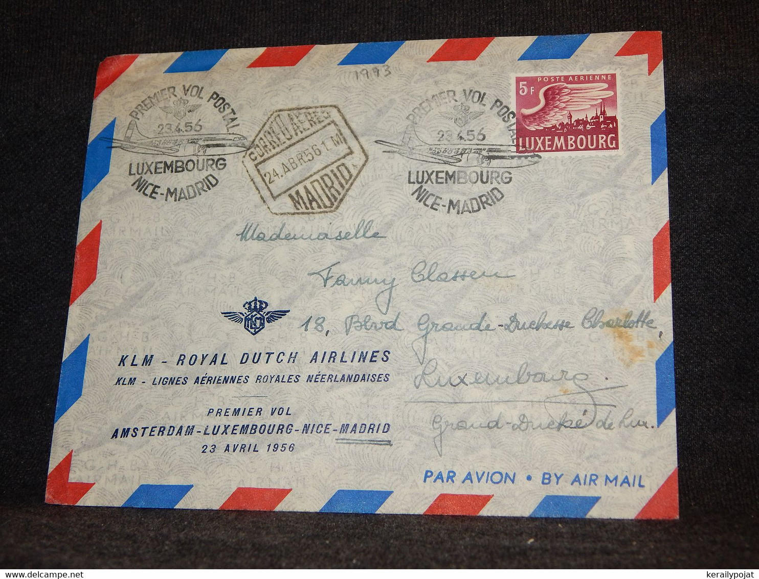 Luxembourg 1956 Nice-Madrid Air Mail Cover__(1993) - Lettres & Documents