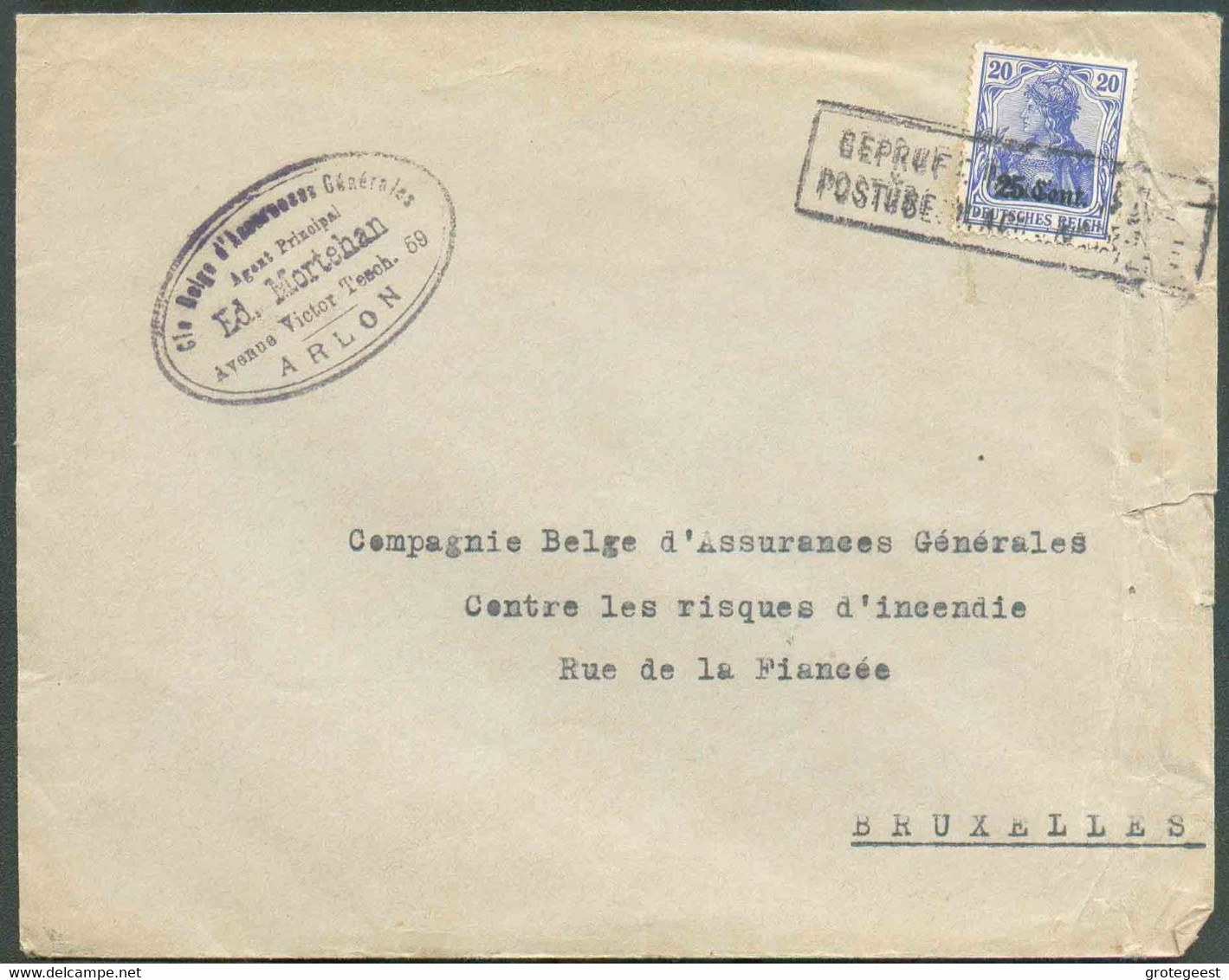 OC N°31 - 25 Cent. Annulé Par La Griffe Geprüft Militarische Postüberwachungsstelle sur Lettre D'ARLON vers Bruxelles. - - OC26/37 Staging Zone